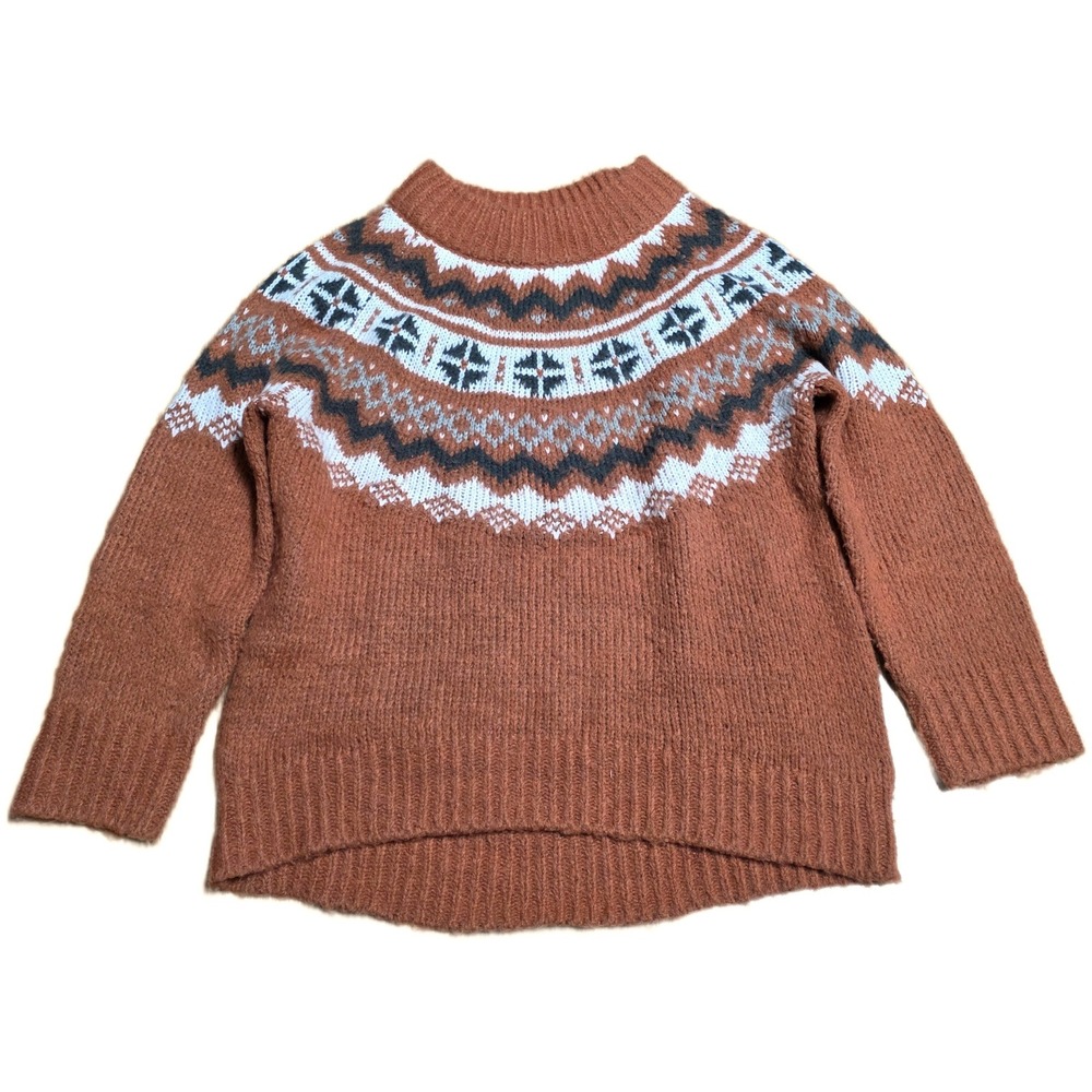 Aerie Fair Isle Knit Sweater Women's Size S Rust Orange Mock Neck Pullover